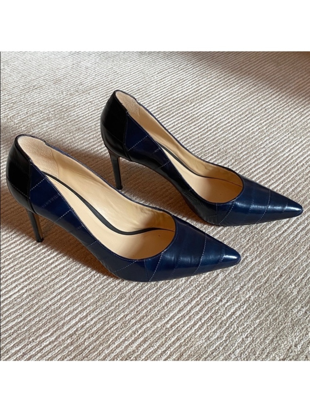 Alexandre Birman Textured Leather Two Tone Blue Black Python Pumps Heels 7.5